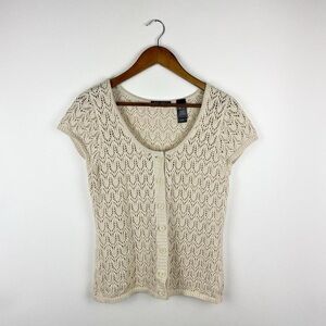 Vintage Cream Crochet Short Sleeve Cardigan Top Boho Fairy Indie Cottagecore